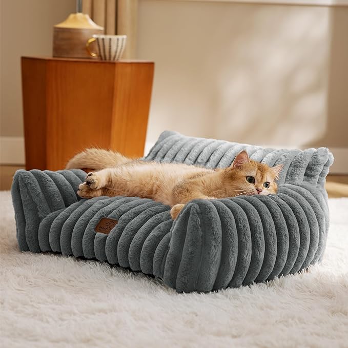 Bedsure Cute Couch for Pets - Fluffy Cat Sofa with Premium Soft Corduroy Fleece, Fuzzy Couch Bed with Removable Washable Cover, Supportive Cat Chair, 24inch, Warm Grey