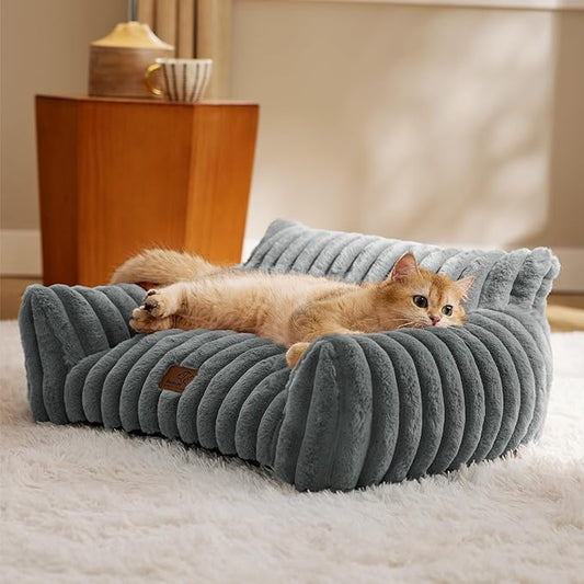 Bedsure Cute Couch for Pets - Fluffy Cat Sofa with Premium Soft Corduroy Fleece, Fuzzy Couch Bed with Removable Washable Cover, Supportive Cat Chair, 24inch, Warm Grey