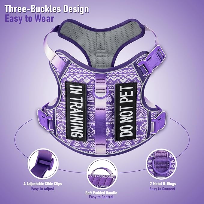 Small Dog No Pull Harness for French Bulldog Puggle Terriers, Pet Harness with Reflective Strip Soft Padded Handle, Adjustable Vest Harness for Walking Hiking Training, Geometric Pattern, Purple, S