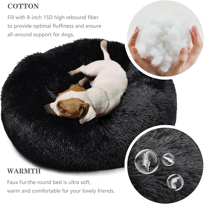 Black Dog Beds for Medium Dogs Washable Calming Bed for Dogs 28 Inches Black Calm and Anti Anxiety Faux Fur Round Medium Sized Pet Bed