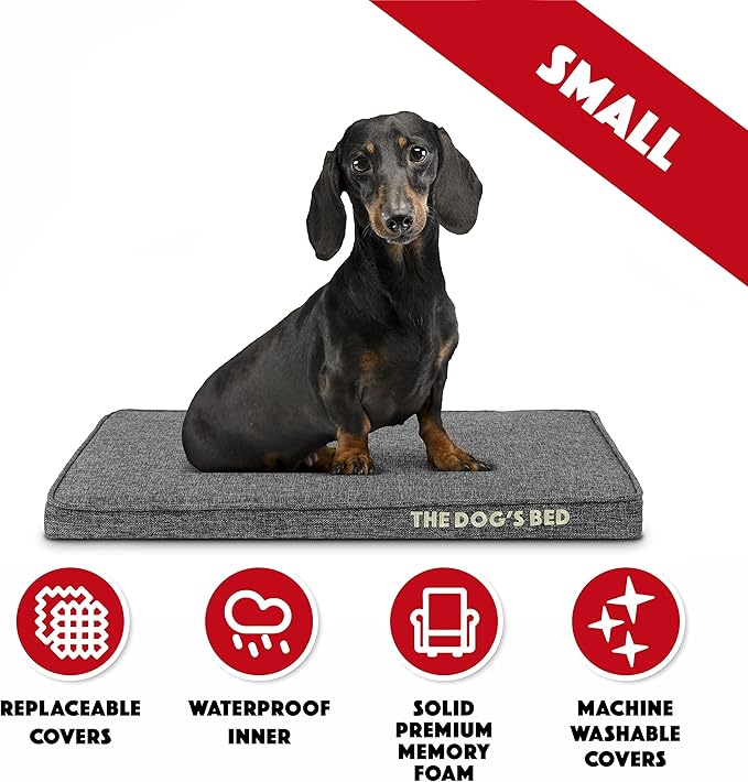 The Dog’s Bed Orthopedic Memory Foam Dog Bed, Small Grey Poly-Linen 28x19 Pain Relief for Arthritis, Hip & Elbow Dysplasia, Post Surgery, Supportive, Calming, Waterproof Washable Covers