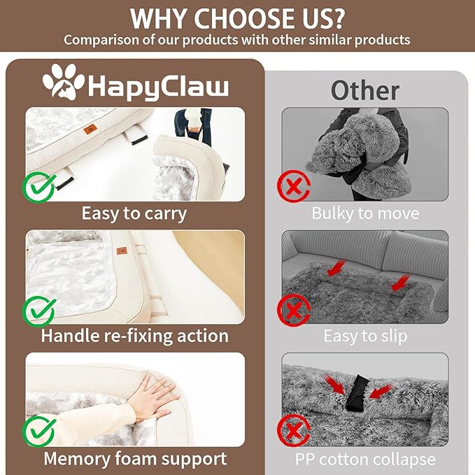 Calming Dog Couch Bed Mat, 45x37 Inch Waterproof Fluffy Sofa Cover, Furniture Protector with Handle, Removable and Washable Pet Bed for Large Dogs and Cats (Beige)