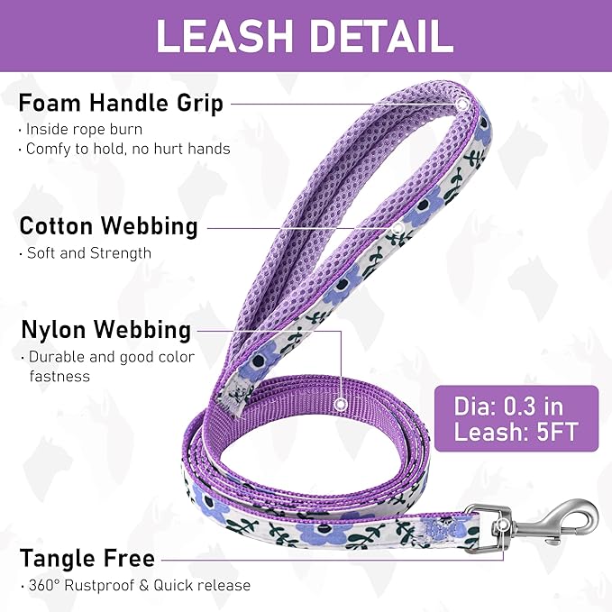 GAMUDA Small Dog Harness Collar and Leash Set, Step in No Chock No Pull Soft Mesh Adjustable Dog Vest Harnesses Plaid Reflective for Dogs Puppy Cats Kitten Rabbit (Purple Flower, XS)