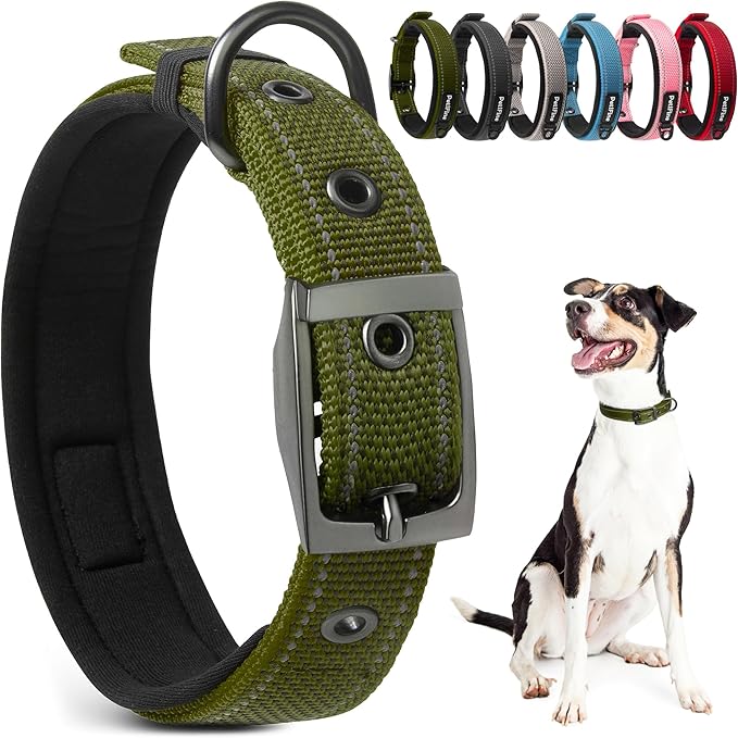PetiFine Dog Collar for Large Dogs, Neoprene Padded and Adjustable, Reflective Wide Heavy Duty Pet Collars with Durable Metal Belt Buckle for Walking, Green, L