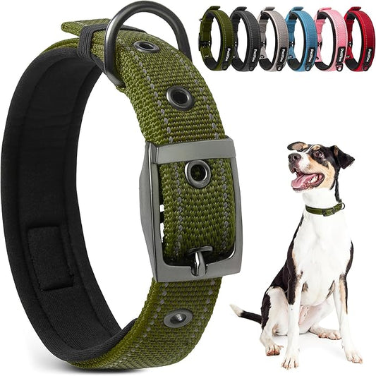 PetiFine Dog Collars for Medium Dogs, Neoprene Padded and Adjustable, Reflective Wide Heavy Duty Pet Collars with Durable Metal Belt Buckle for Walking, Green, M