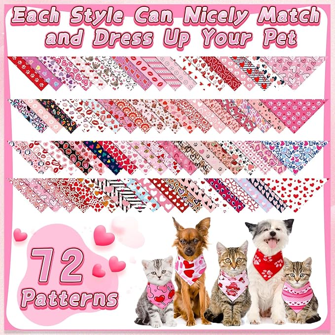 Reginary 72 Packs Valentine‘s Day Dog Bandanas Heart Adjustable Pet Bandanas Triangle Scarf Dog Bibs for Pet Costume Accessories (Heart)