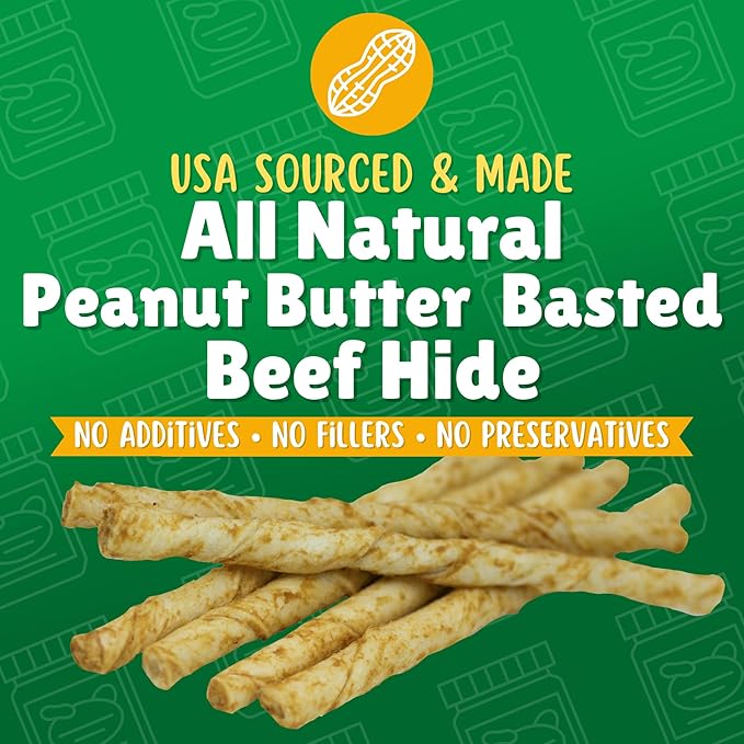 Lucky Premium Treats, Peanut Butter Basted Rawhide, Small Dog Treats, 60 Chews, Gluten Free, 0.15 lbs