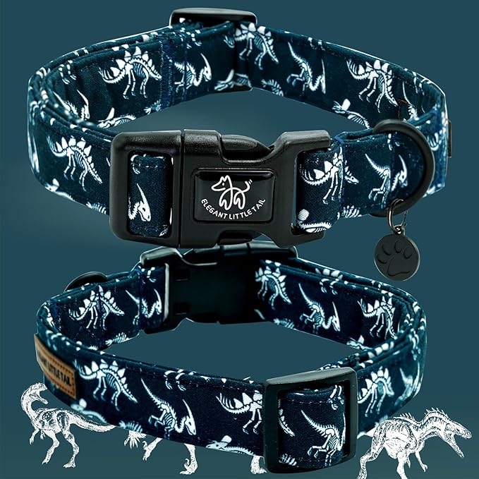 Elegant little tail Dog Collar, Dinosaurs Print Blue Puppy Male Adjustable Cotton Pet Collar with Quick Release Buckle for Small Medium Large Dogs