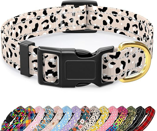 Reflective Dog Collar for Small Dogs, Cute Leopard Style Adjustable Heavy-Duty Nylon Puppy Collar for Boy and Girl Female, Soft Pet Accessories with Quick Release Buckle, Beige