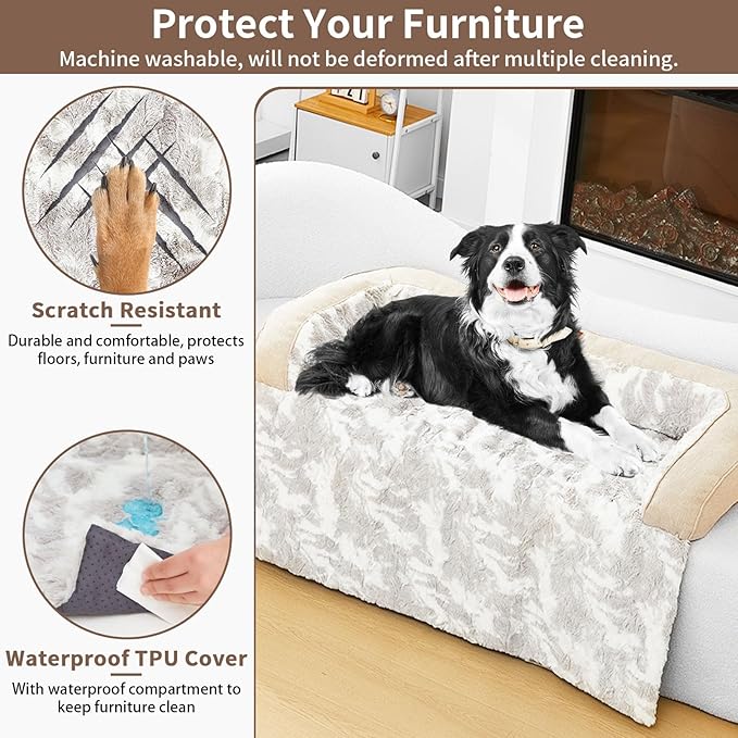 Calming Dog Couch Bed Mat, 53x39 Inch Waterproof Fluffy Sofa Cover, Furniture Protector with Handle, Removable and Washable Pet Bed for Large Dogs and Cats (Beige)