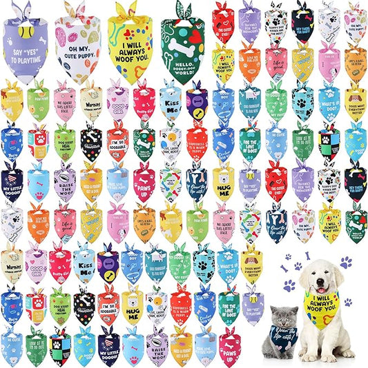 Sweetude 100 Pcs Plaid Dog Bandanas Bulk Paw Print Dog Scarf Bibs Puppy Pet Bandanas with Captions Adjustable Cat Outfit Washable Triangle Scarf Kerchief for Small to Medium(Vivid)