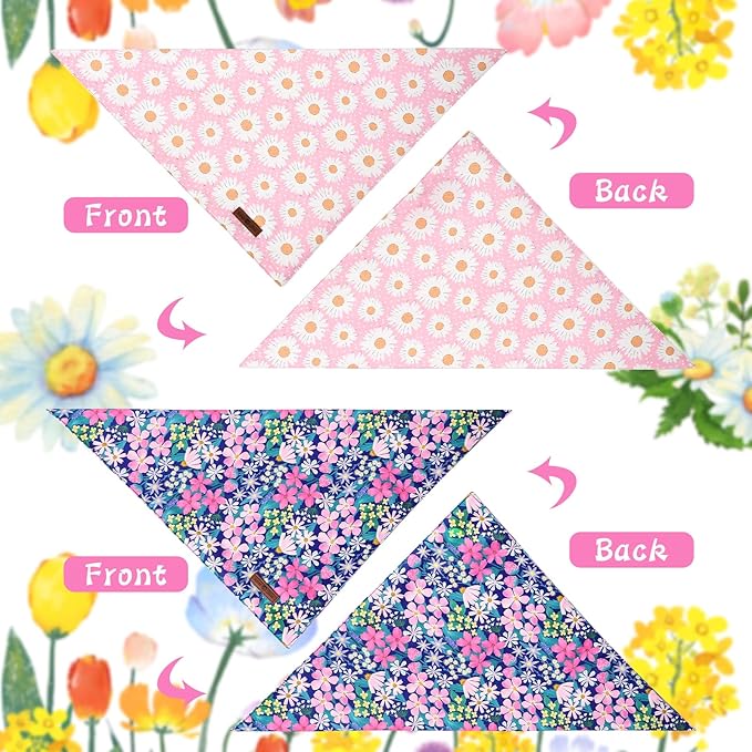 Lionet Paws Summer Floral 2pcs Dog Bandanas, Pink Daisy Dog Scarf Bib Premium Fabric, Blue Blossoms Bandanas for Medium Large Dogs Pets