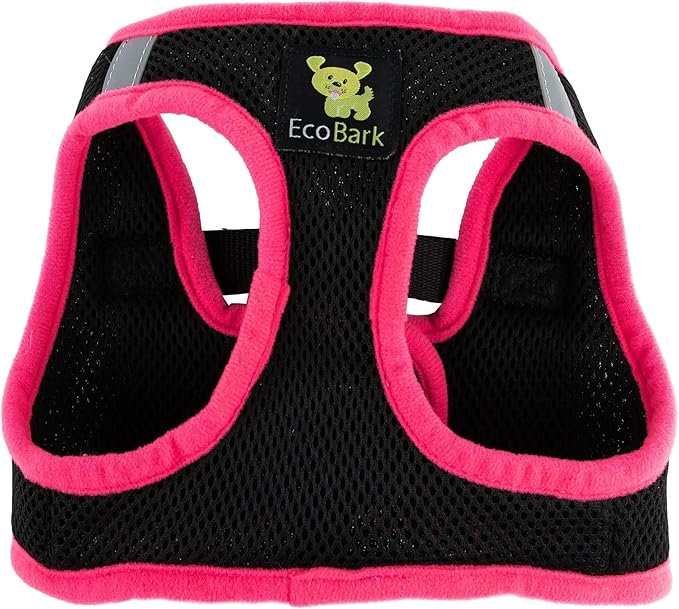 EcoBark Step in Dog Harness - Eco-Friendly Teacup Dog Harnesses for XXS, XS, and Small Dogs - Reflective and Adjustable Mini Body Halter Vest -Tiny Soft Mesh Toy Breed Harness (XXXS, Black and Pink)