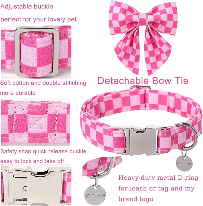 Pink Plaid Bowtie Dog Collar, Summer Bowtie Collar for Puppy Boy Girl Dog, Comfortable Cotton Dog Collar with Metal Buckle, L, Neck 16-24in