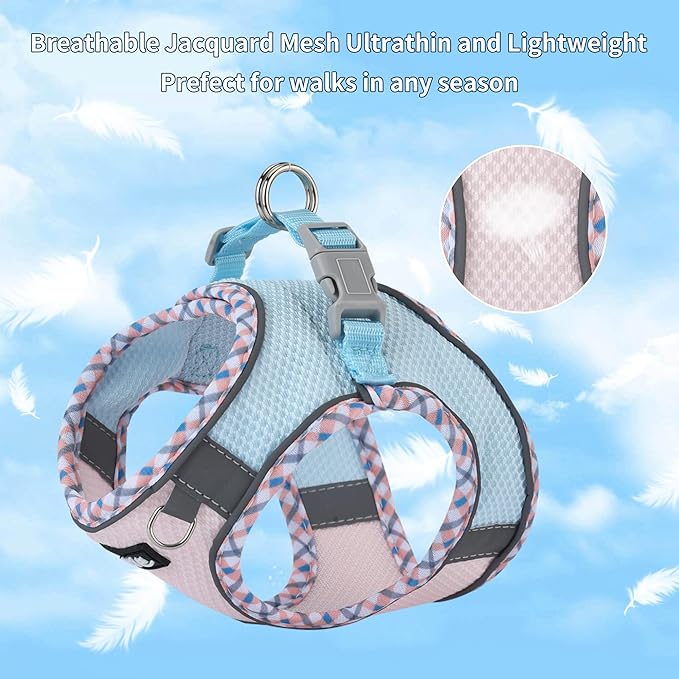 AIITLE Escape-Proof Dog Harness - Extra Soft Jacquard Fabric with Moisture-Wicking Lining, Adjustable Fit for Boston Terrier, Pekingese - Running, Playdates, Outdoor Adventures (Blue-Pink, L)