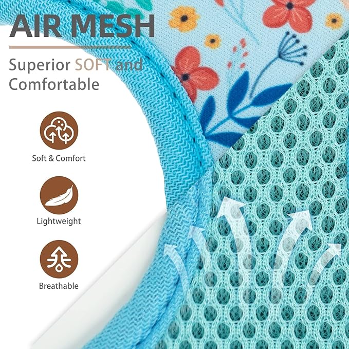 PUPTECK Soft Mesh Dog Harness and Leash Set Pet Puppy Cat Comfort Padded Vest No Pull Harnesses, Blue Floral, S