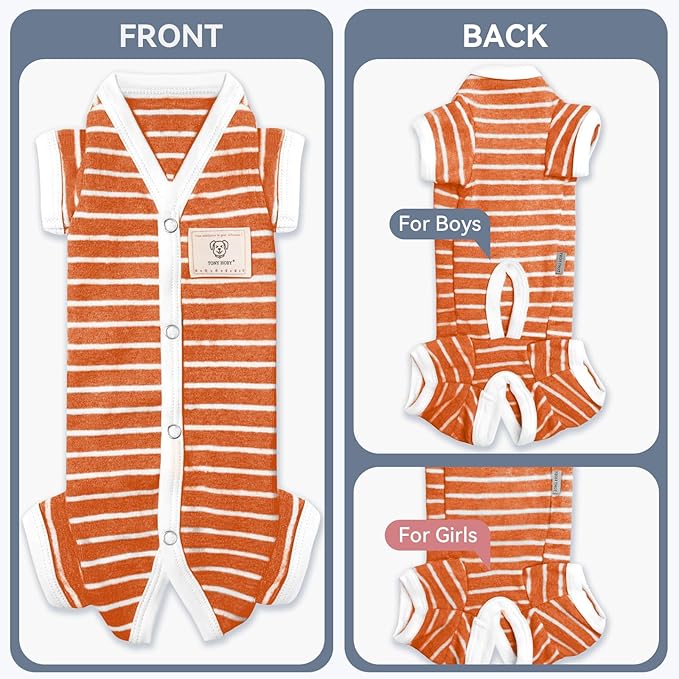 TONY HOBY Female/Male Pet Dog Pajamas Stripes 4 Legged Dog pjs Jumpsuit Soft Cotton Dogs Clothes (L, Orange+White-Boys)