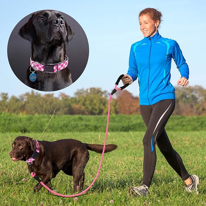 Reflective Dog Collar Padded with Soft Neoprene Breathable Adjustable Nylon Dog Collars for Small Medium Large Dogs (Large (Pack of 1), Pink Plaid Collar+Leash)