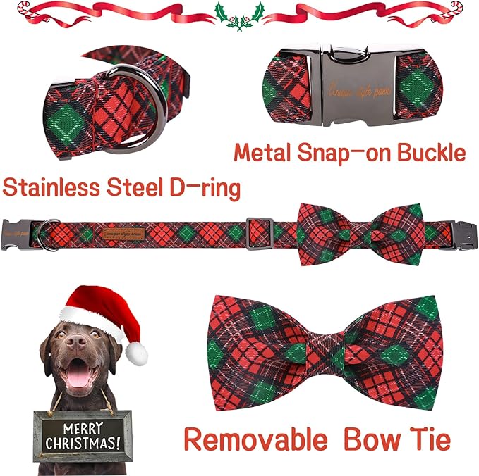 Unique style paws Christmas Dog Collar with Bow Tie Red Green Plaid Adjustable Cotton Puppy Collar for Small Medium Large Dogs-L