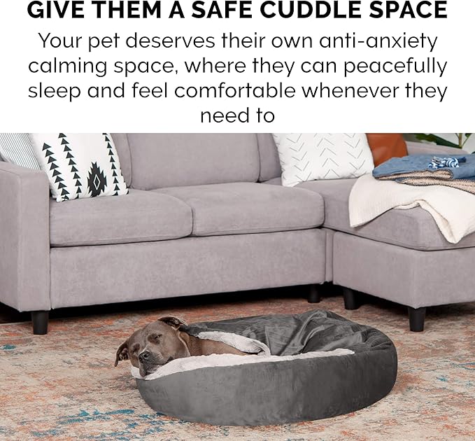 Furhaven 24" Round Calming Donut Dog Bed for Indoor Cats & Small Dogs, Washable, For Dogs Up to 20 lbs - Plush Velvet Waves Hooded Donut Bed - Dark Gray, Small