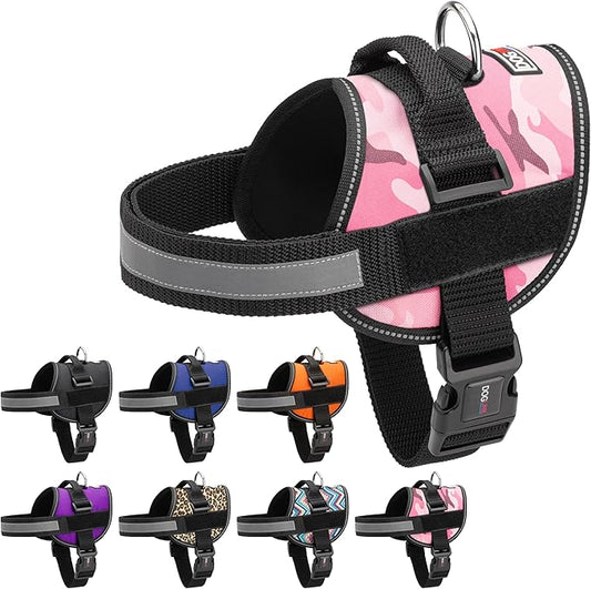 Dogline Dog Harness, Reflective No-Pull Adjustable Vest with Handle for Walking, Training, Breathable, No - Choke Harness for Small, Medium or Large Dogs Room for Patches Girth 22"-28" in Pink Camo