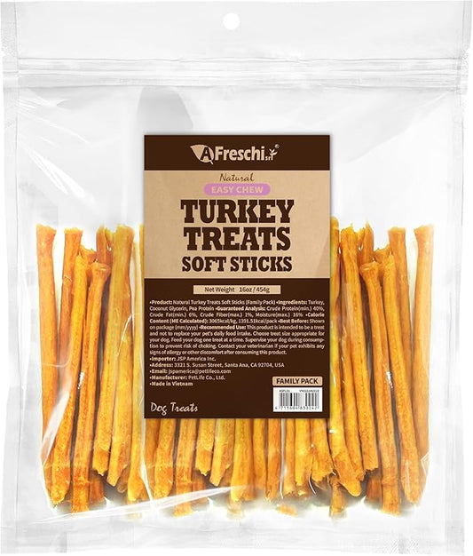 Afreschi Soft Turkey Stick Dog Treats – 16oz, USA-Sourced, All-Natural, Hypoallergenic, High-Protein, Low-Fat, Healthy & Easily Digestible, Puppy & Training Snack