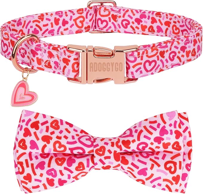 ADOGGYGO Valentine Dog Collar with Bow, Metal Buckle, Adjustable Pink Heart Bowtie Pet Valentine Collars for X-Small Dogs (X-Small)