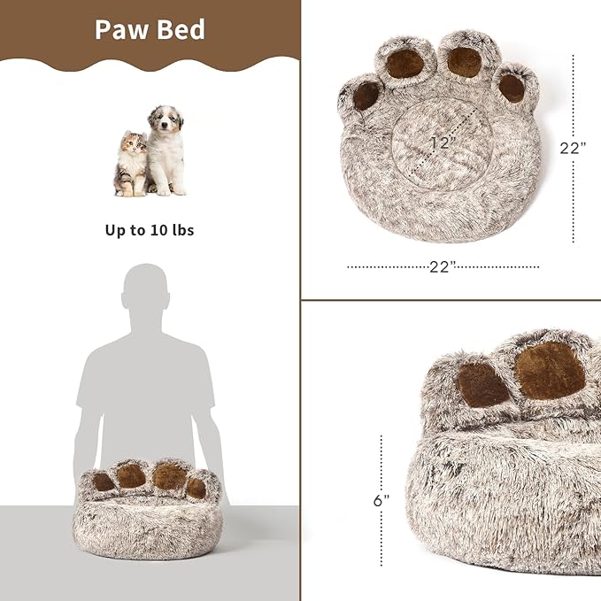 Jiupety Paw Shape Calming Pet Bed, Plush Faux Fur Donut Bed for Dogs & Cats, Machine Washable, Non-Slip Bottom, Medium (22"×22"×6"), Gray