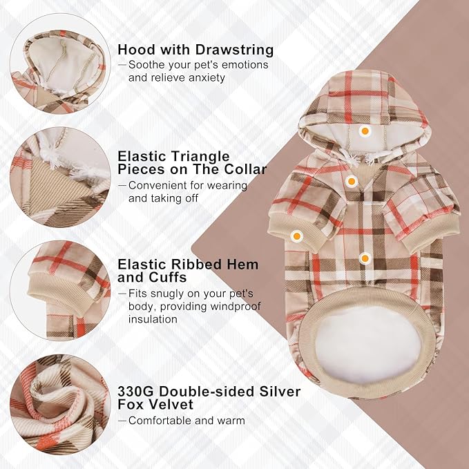 BEAUTYZOO Plaid Hoodie for Small Medium Large Dogs, British Style Soft Warm Sweater With Leash Hole, Hooded Cold Weather Clothes, Sweatshirt, Outfits, Winter Coat for Puppy Girls Boys