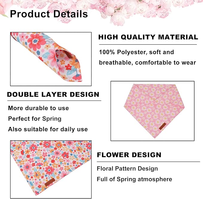 ADOGGYGO Floral Dog Bandana 2 Pack, Reversible Pink Daisy Puppy Scarf Bib, Adjustable Fit Cute Flower Bandanas for Small Dogs Pets (Small)