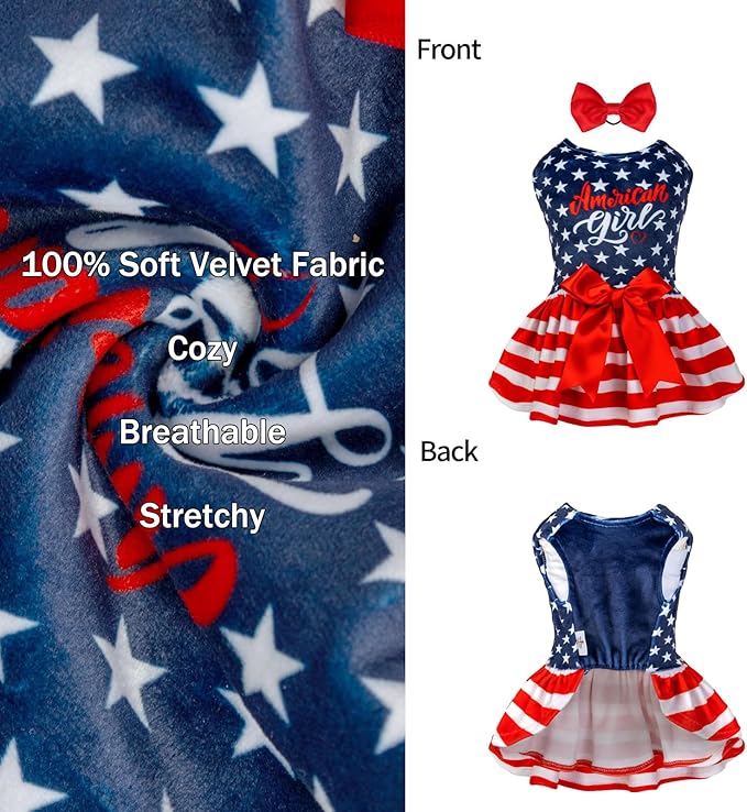 CuteBone Dog Dresses Velvet 4th of July Small Dogs Clothes Onesie Pet Apparel Girl Puppy Skirt with Bow Hair Rope CVA39XS-D