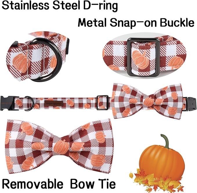 Unique Style Paws Cotton Dog Collar with Bow Halloween Pumpkin Plaid Dog Collar with Bow Tie for Small Medium Large Dogs Pets Gifts