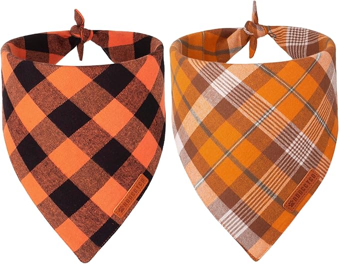 ADOGGYGO Fall Dog Bandanas 2 Pack, Halloween Thanksgiving Holiday Pet Scarf, Multiple Sizes Offered, Orange Plaid Fall Bandana for Large and X-Large Dogs (X-Large)