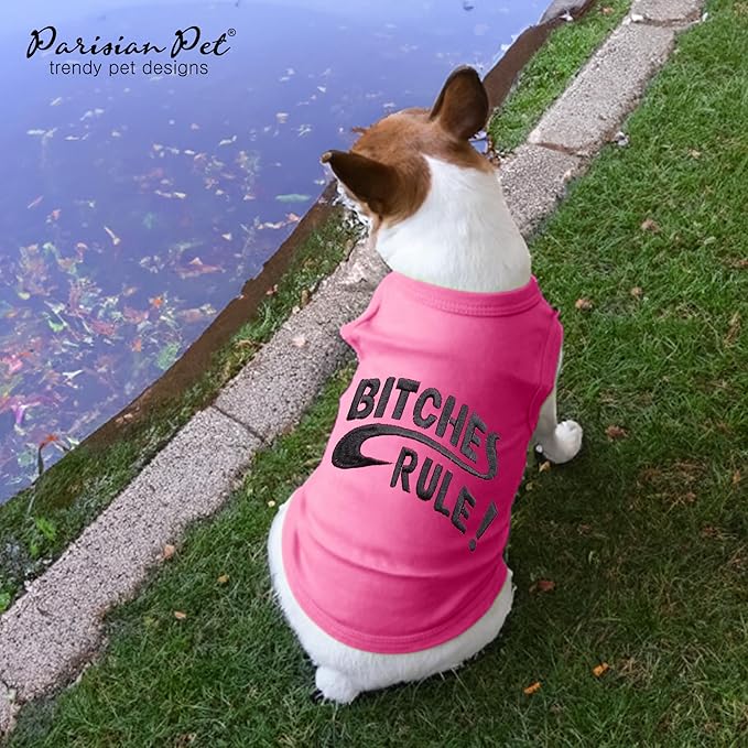 Parisian Pet Dog Tshirt - Embroidered “B*tches Rules“ Tank Top - 100% Cotton and Lightweight Funny Dog Clothes - Sleeveless Machine Washable Tee Shirts for Large Dogs - XL