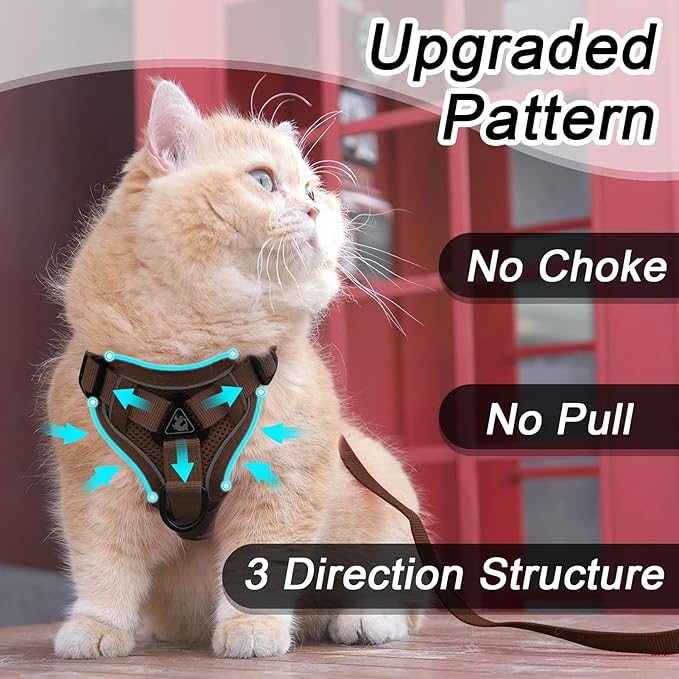 Cat Harness and Leash Set for Large Cat Small Dog Puppy, Escape Proof Adjustable Vest with Lead for Outdoor Walking, Soft Breathable Mesh Jacket with Reflective Strips for Dark Night, L Brown