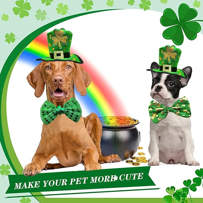 3PCS St Patrick's Day Pet Costume, St. Patty's Day Dog Top Hat Green Shamrock Bow Tie Doggie Collar Set for Large Dogs Puppy Outfit Cats Kitty Funny Irish Dog Clothe Accessories