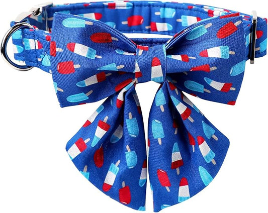 Lionet Paws Patriotic Dog and Cat Collar with Sailor Bow, 4th of July, Soft and Comfortable Adjustable Summer Popsicle Collar for Puppies and Cats, Neck 7-11 inches