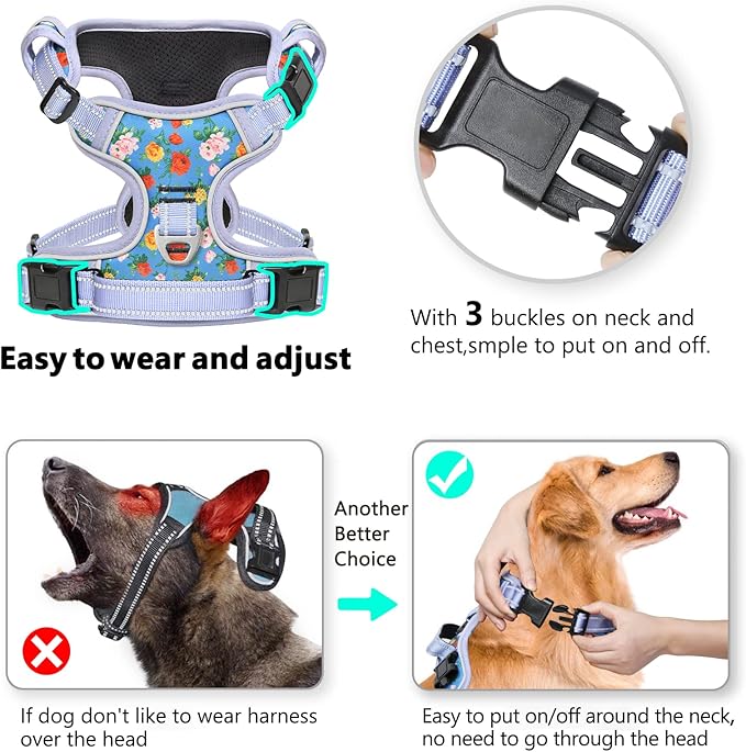 Timos No Pull Dog Harness, Release at Neck Reflective 3 Snap Buckles Adjustable No Choke Pet Vest with Front & Back 2 Leash Clips, Soft Padded Control Training Handle for Small Medium Large Dogs