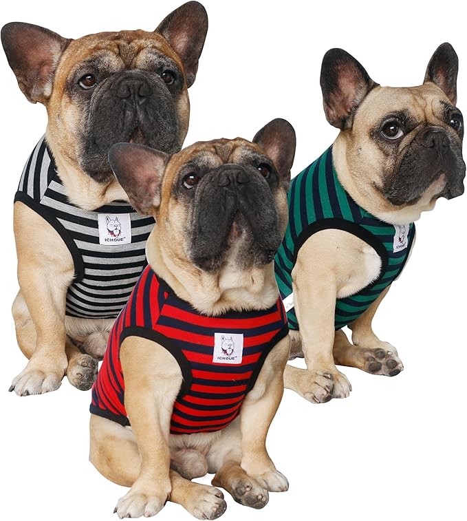 iChoue 3pcs French Bulldog Striped Shirts 100% Breathable Cotton Tank Tops Vests Clothes for Frenchie Dogs, Black Green Red Stripes, Large