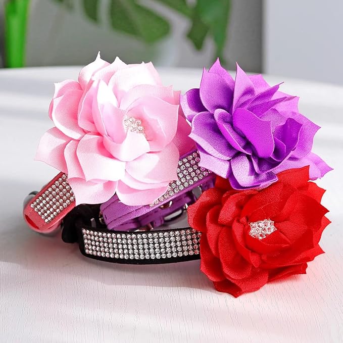 PET ARTIST Rhinestone Dog Collar and Leash Set, Sparkling Girl Dog Collars with Bling Diamonds, Soft Leather Red Puppy Collars with Cute Flower for Small Dogs Cats Walking Party Wedding,XS