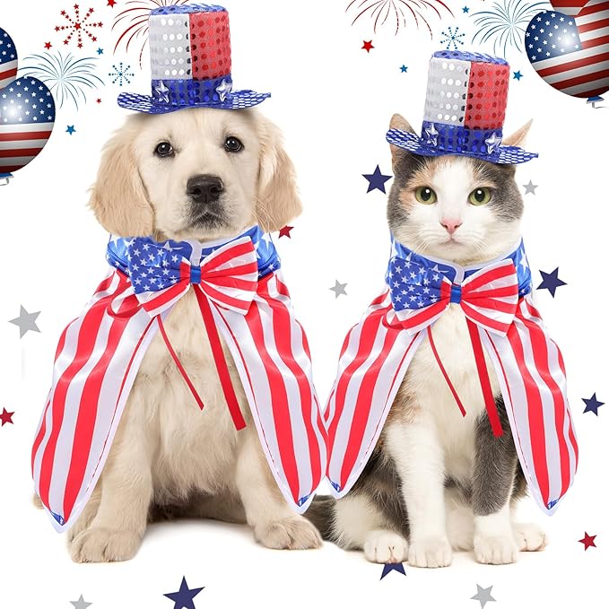 JaGely 3 Pcs 4th of July Dog Outfit Independence Day Costume Set Includes Dog Top Hat, American Flag Bow Tie Collar and Cape Patriotic Pet Cats Puppy Clothes (L,Fashion)