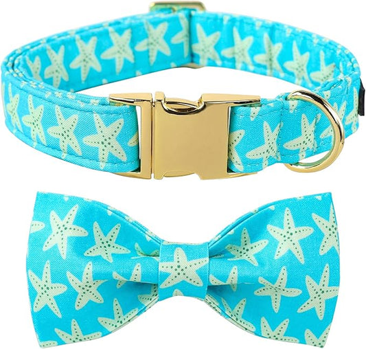Lionet Paws Summer Dog Collar with Bowtie, Soft Comfortable Adjustable Cute Starfish Bowtie Collar for Large Dogs Male Female Gift, Neck 16-24 inches