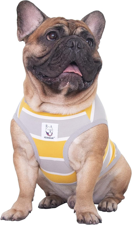 iChoue Pug T Shirts 100% Cotton Striped Clothes for Medium Dogs Tank Tops Vest Small Puppy French Bulldog Frenchie English Boston Terrier Pitbull Summer Yellow Stripes - S