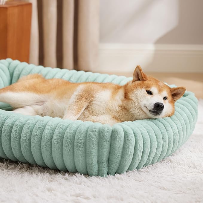 Bedsure Washable Dog Bed for Large Dogs - Cute Furry Puppy Beds, Rectangle Orthopedic Corduroy Fleece Pet Beds with Removable Zipper Cover, 36x27x8inches, Green