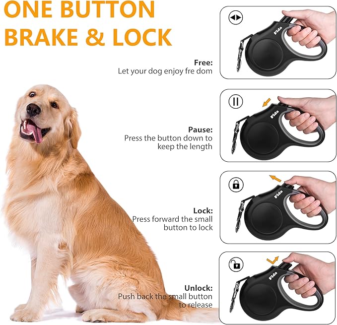 Fida Retractable Dog Leash with Dispenser and Poop Bags, 16 ft Pet Walking Leash for Small Dog or Cat up to 26 lbs, Anti-Slip Soft Handle, Tangle Free, Reflective Nylon Tape (S, Black)