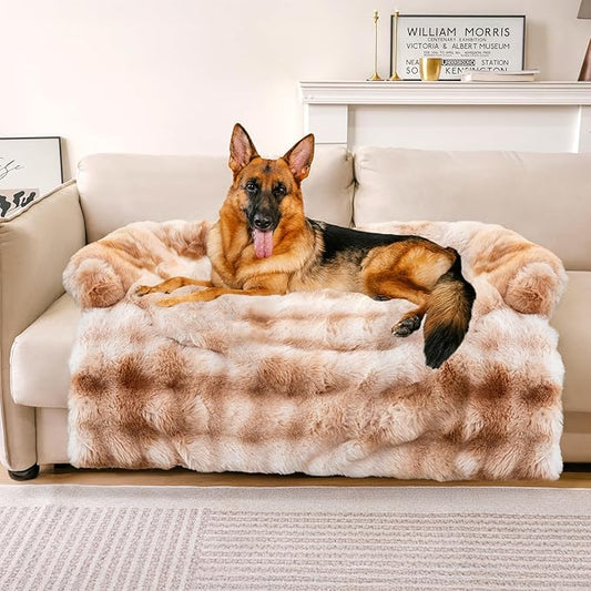 FUNNYFUZZY Calming Dog Bed Mat, Fluffy Fuzzy Couch Cover for Sofa, Furniture Protector with Removable Washable Cover for Large Medium Small Dogs and Cats (Tie-dye Brown,47.24 × 37.4 × 6.3 in)