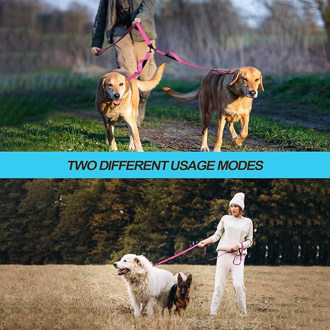 PetBonus Double Dog Leash, No Tangle Dual Leash, Reflective Walking Training Lead, 4 Comfortable Padded Handles for 2 Dogs with Collapsible Bowl and Waste Bags (Pink, Large)