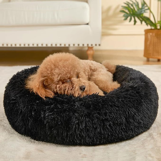 Dog Calming Beds for Small Medium Large Dogs - Round Donut Washable Puppy Dog Bed, Anti-Slip Faux Fur Fluffy Donut Cuddle Anxiety Cat Pet Bed(24'' Black)