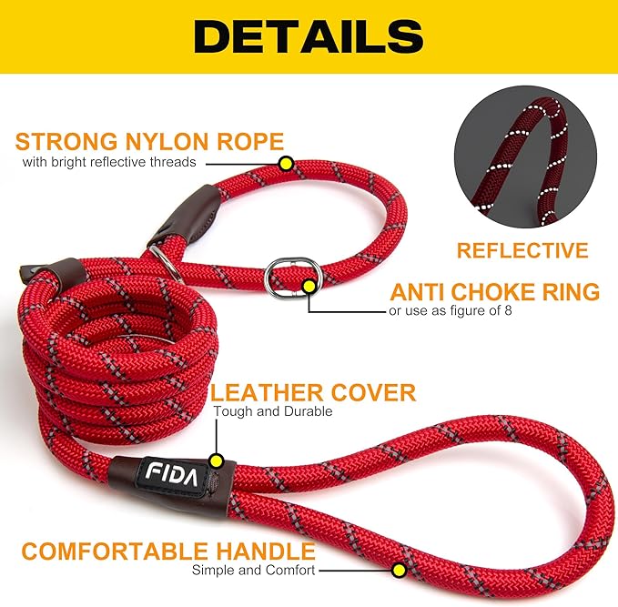 Fida Durable Slip Lead, 6 FT x 1/2" Heavy Duty , Comfortable Strong Rope for Large, Medium Dogs, No Pull Pet Training Loop Leash with Highly Reflective, Red