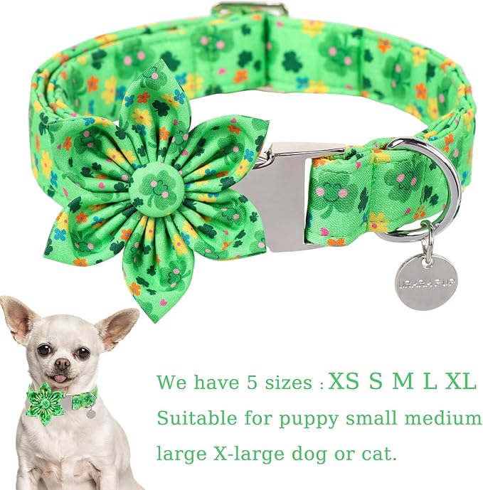 St. Patrick's Dog Collar with Flower, Cotton St. Patrick's Flower Collar for Girl Boy Dog, Lucky Shamrock Dog Collar with Metal Buckle, Green, Spring, XL
